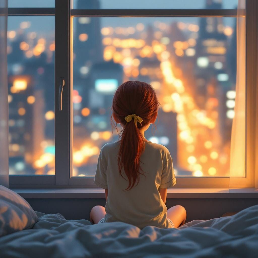 Sad Girl Gazing Out Window in Anime 3D Style
