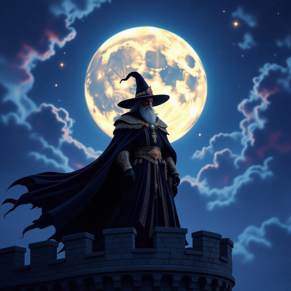 Medieval Wizard on Moonlit Castle in Hyperrealistic Style