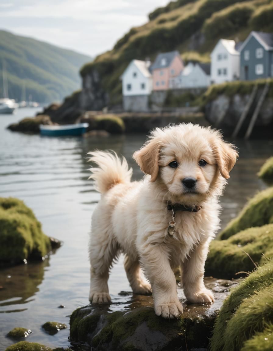Puppy's Joyful Play at the Water's Edge