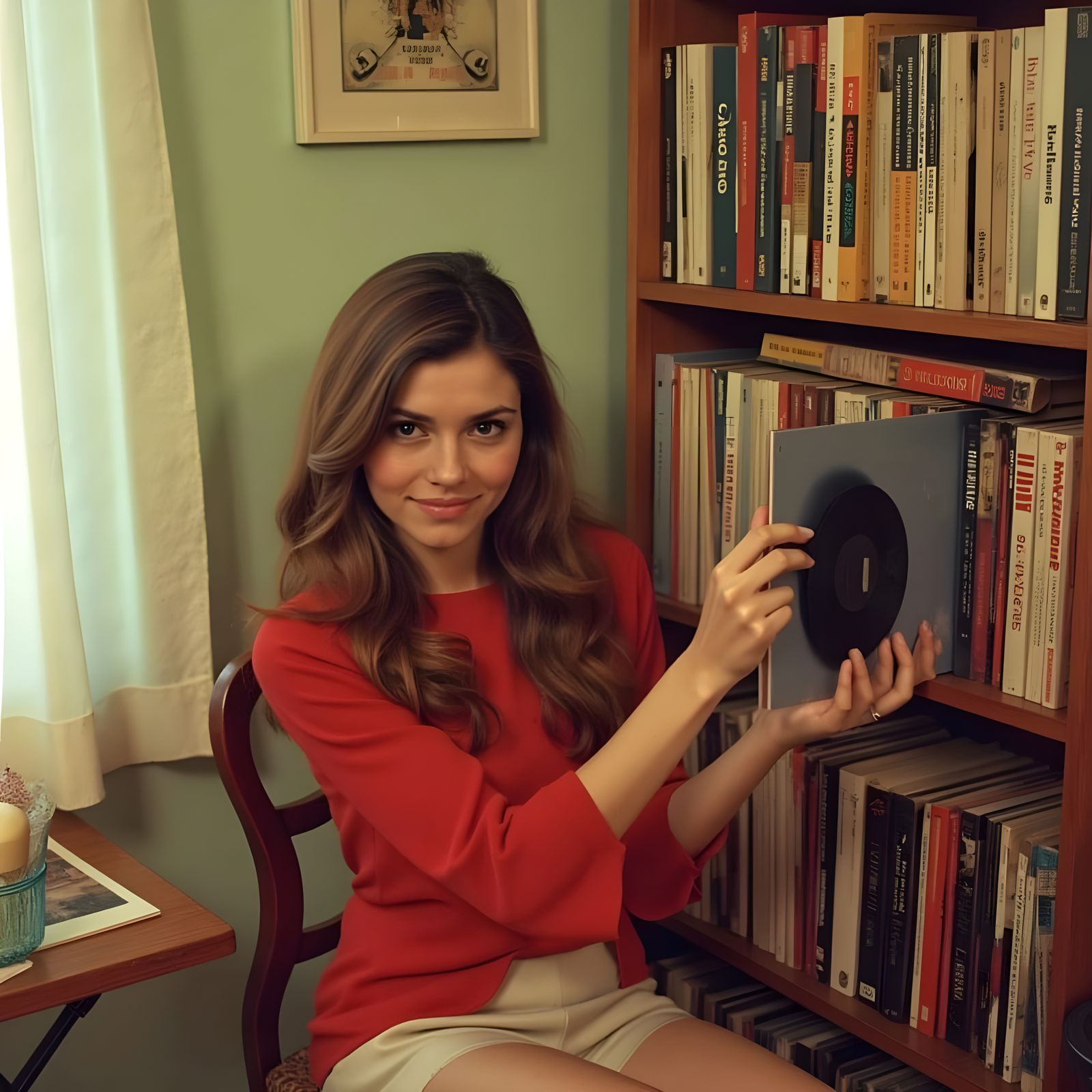 Retro Woman Poses with Records in 1980s Style