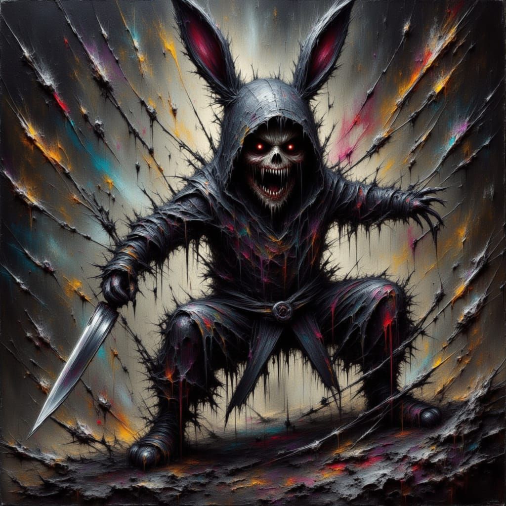 Corroded Cartoon Ninja Rabbit Dancing with Knife