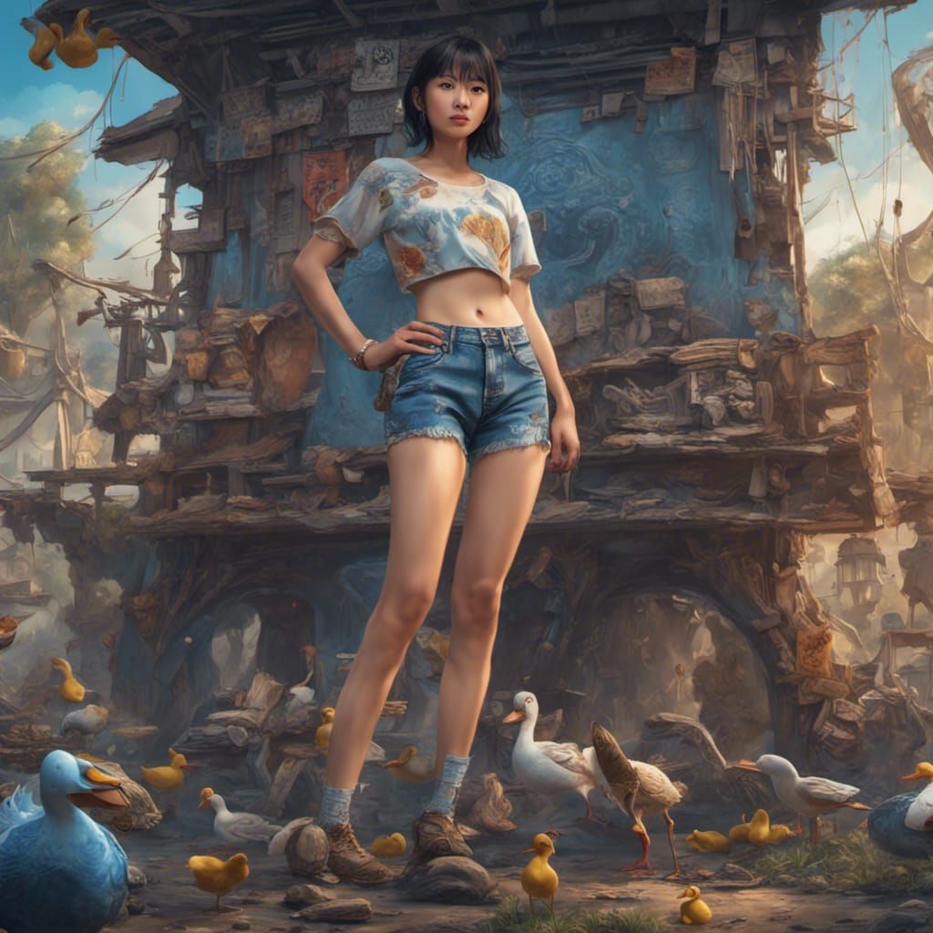 Asian Woman in Duck Taped Shorts, Fantasy Concept Art
