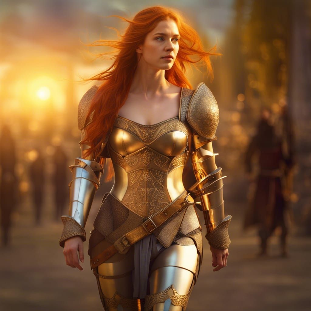 Medieval Goddess in Knight Armor at Sunset
