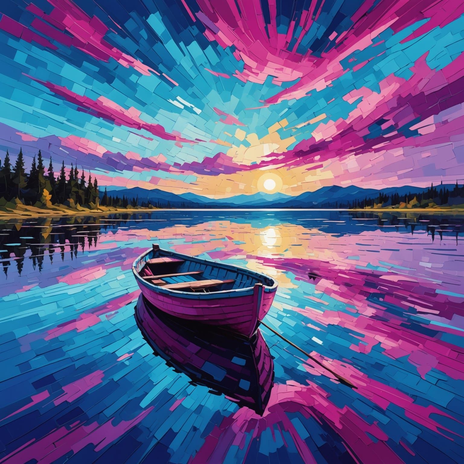 Solitary Rowboat on Placid Lake Under Abstract Magenta Sky