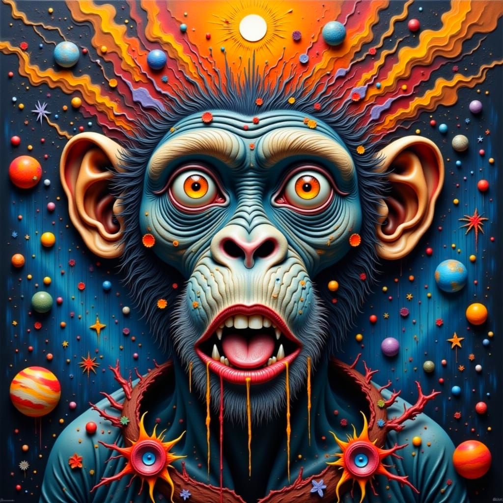 Surreal Monkey Exploding into Space: Mixed Media Fantasy