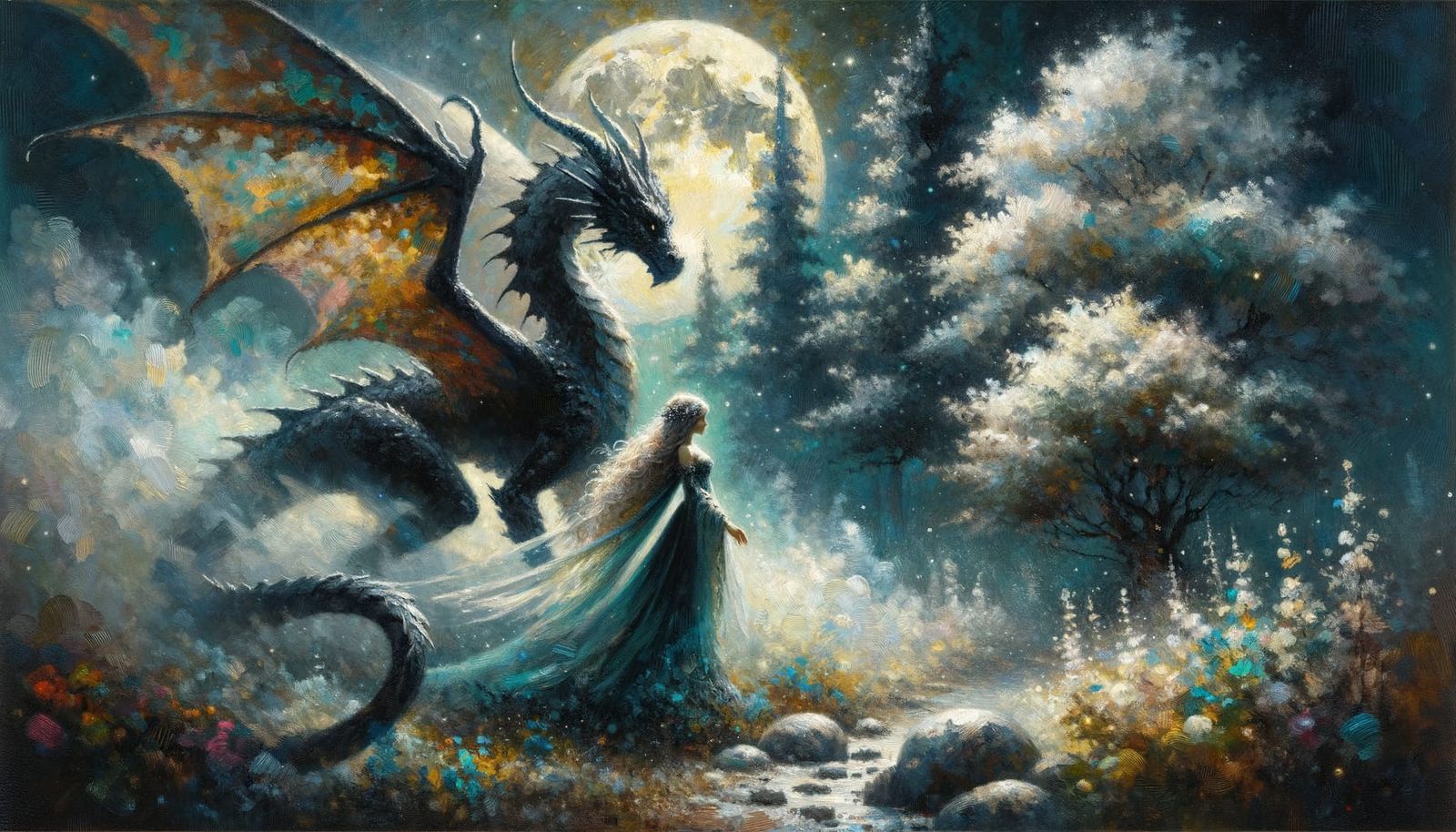 Enchanted Fairy and Dragon in Impressionistic Moonlight