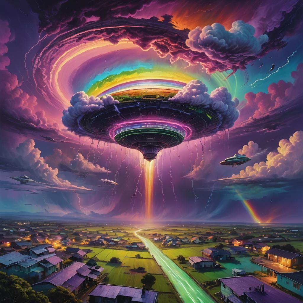 Surreal Neon Rainbow Typhoon with UFO Mothership