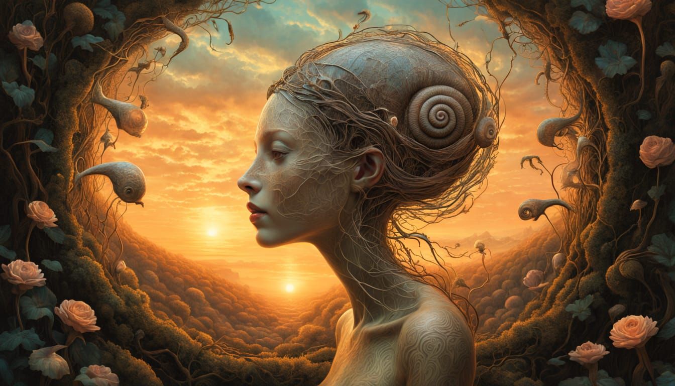 Dreamlike Hybrid Creature in Cyberpunk Sunset Landscape