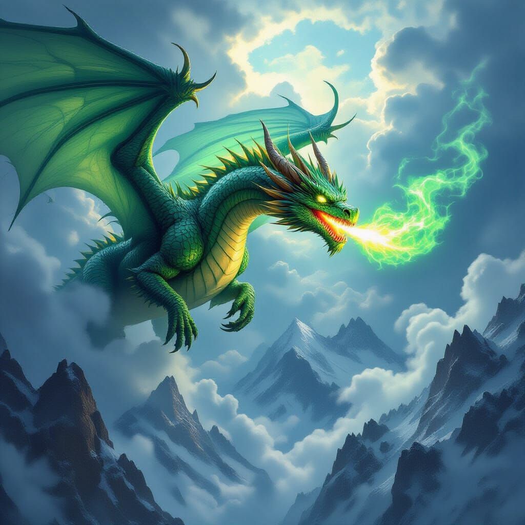 Majestic Dragon Unleashes Emerald Fire Over Snowy Peaks