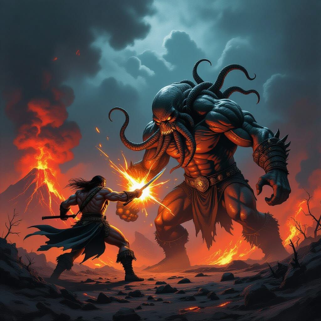 Conan Battles Cthulhu in Heroic Fantasy Comic Style