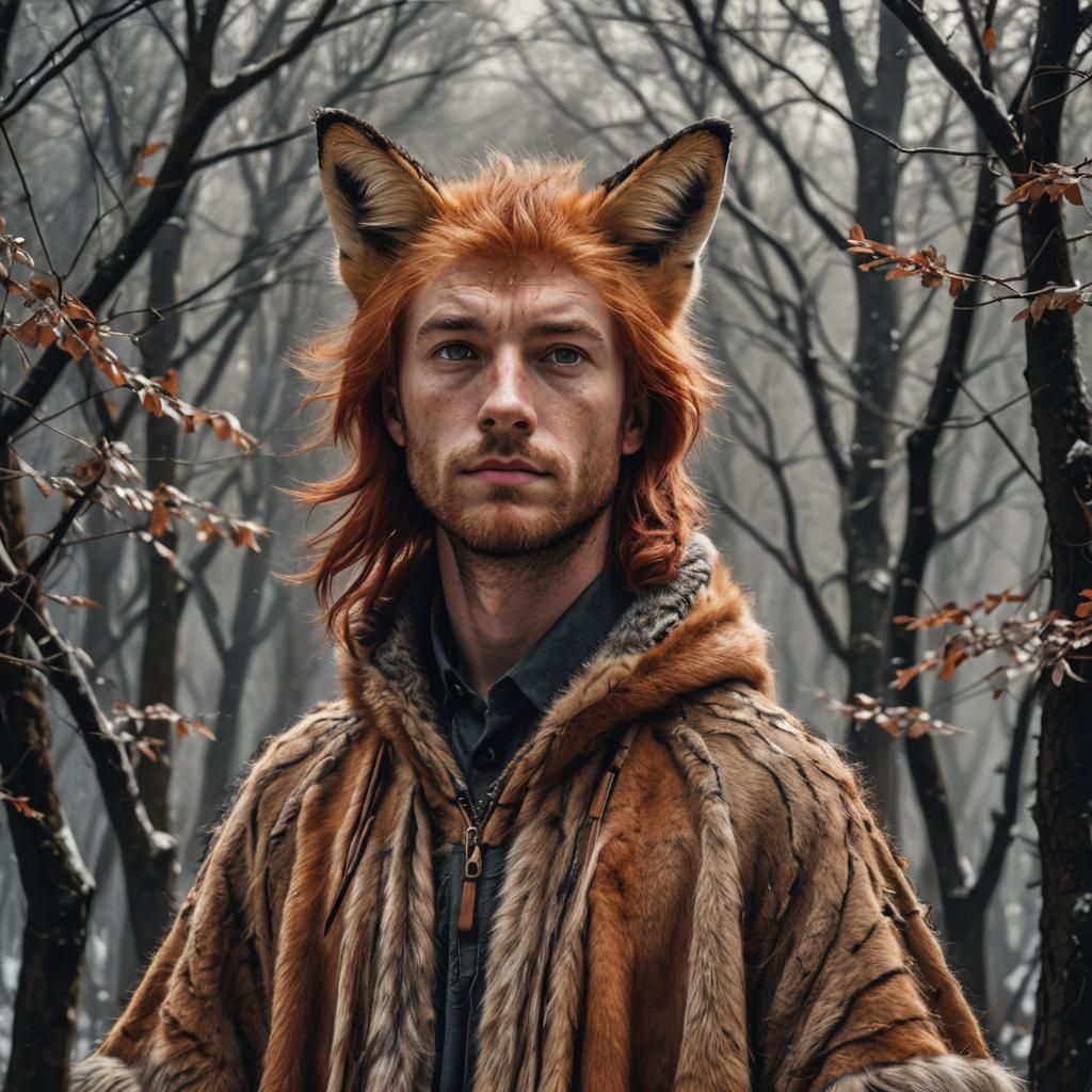 Hyperrealistic Man with Fox Ears and Fur Poncho