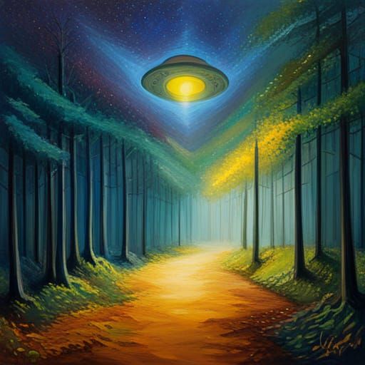UFO Abduction in Woods as Expressionist Oil Painting