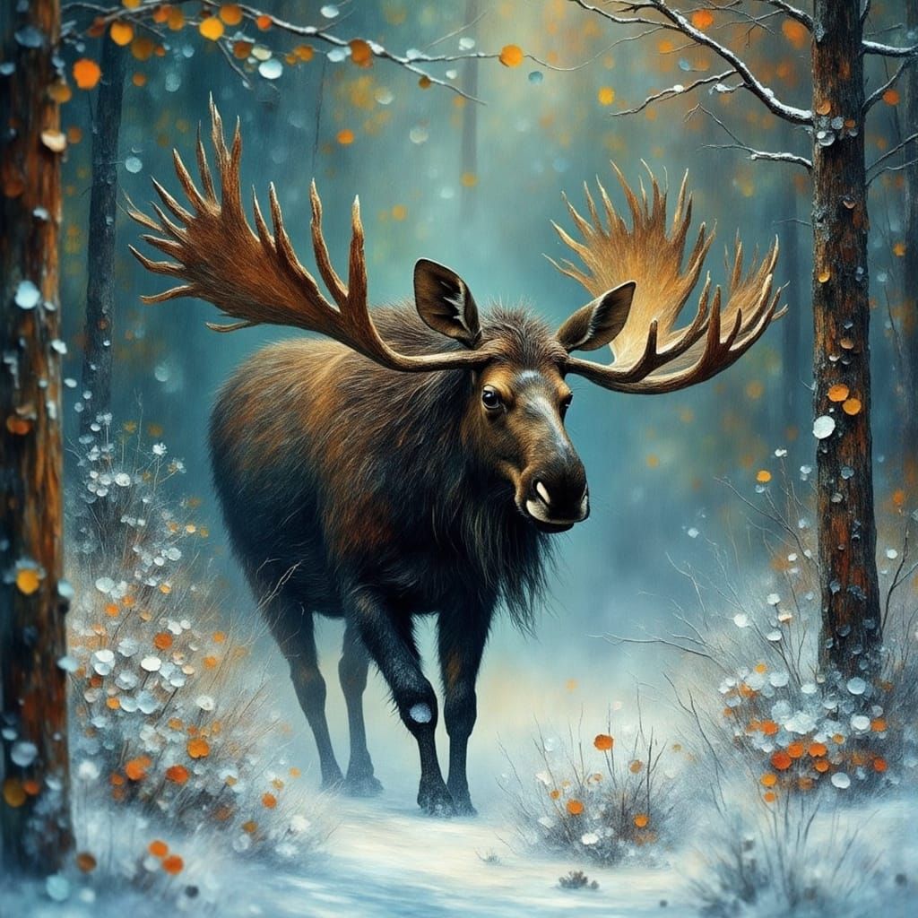 Moose in a Snowy Forest Cinematic Film Still