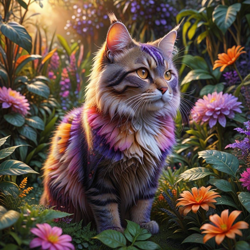 Gato peludo e malhado num jardim exuberante de vegetação e f...