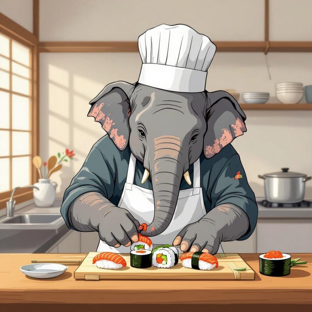 Elephant Chef Prepares Sushi in Minimalist Kitchen