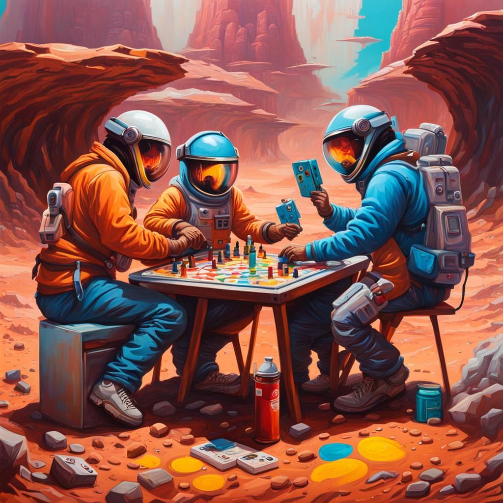 Adults Play Board Game on Mars in Graffiti Art