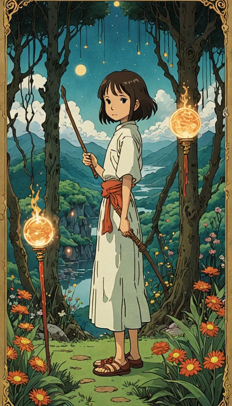 Ace of Wands Tarot Card in Ghibli Style