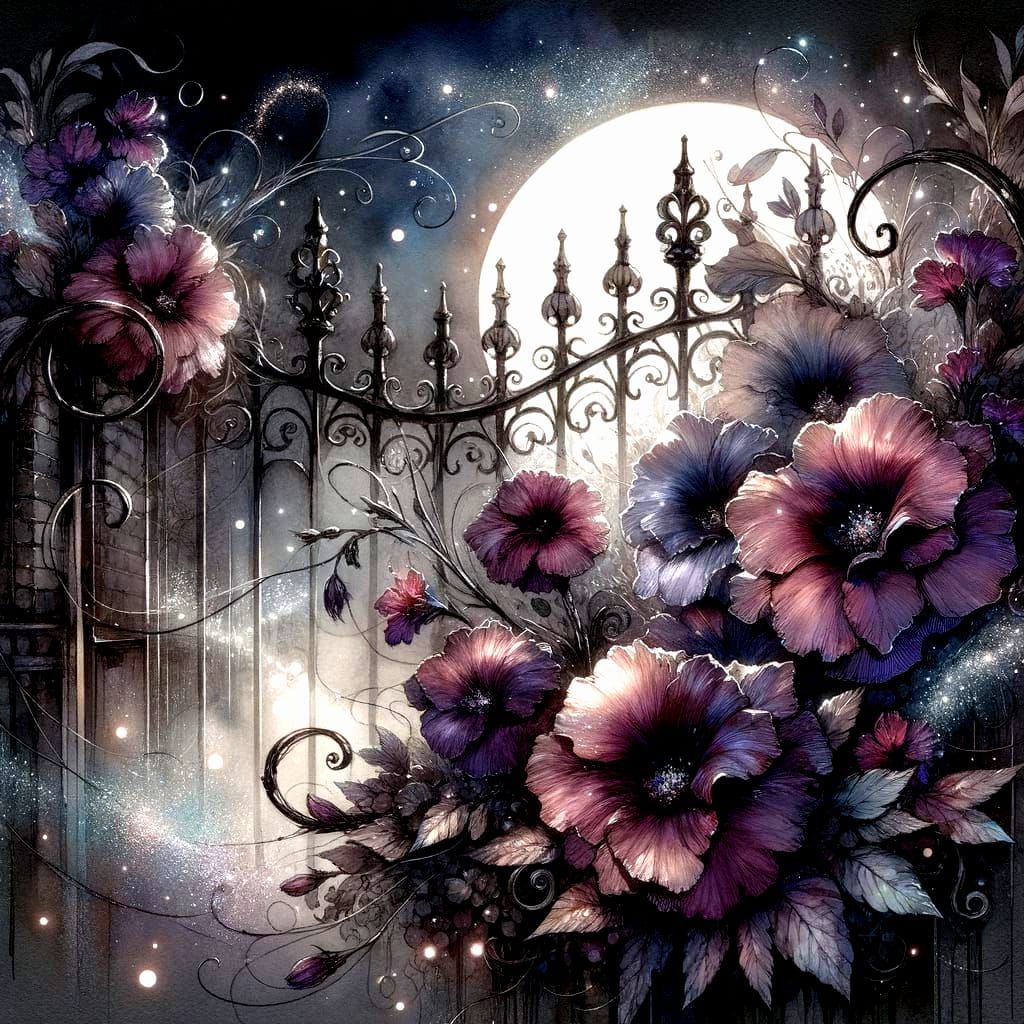 Moonlit Garden Gate with Dark Mauve Flowers