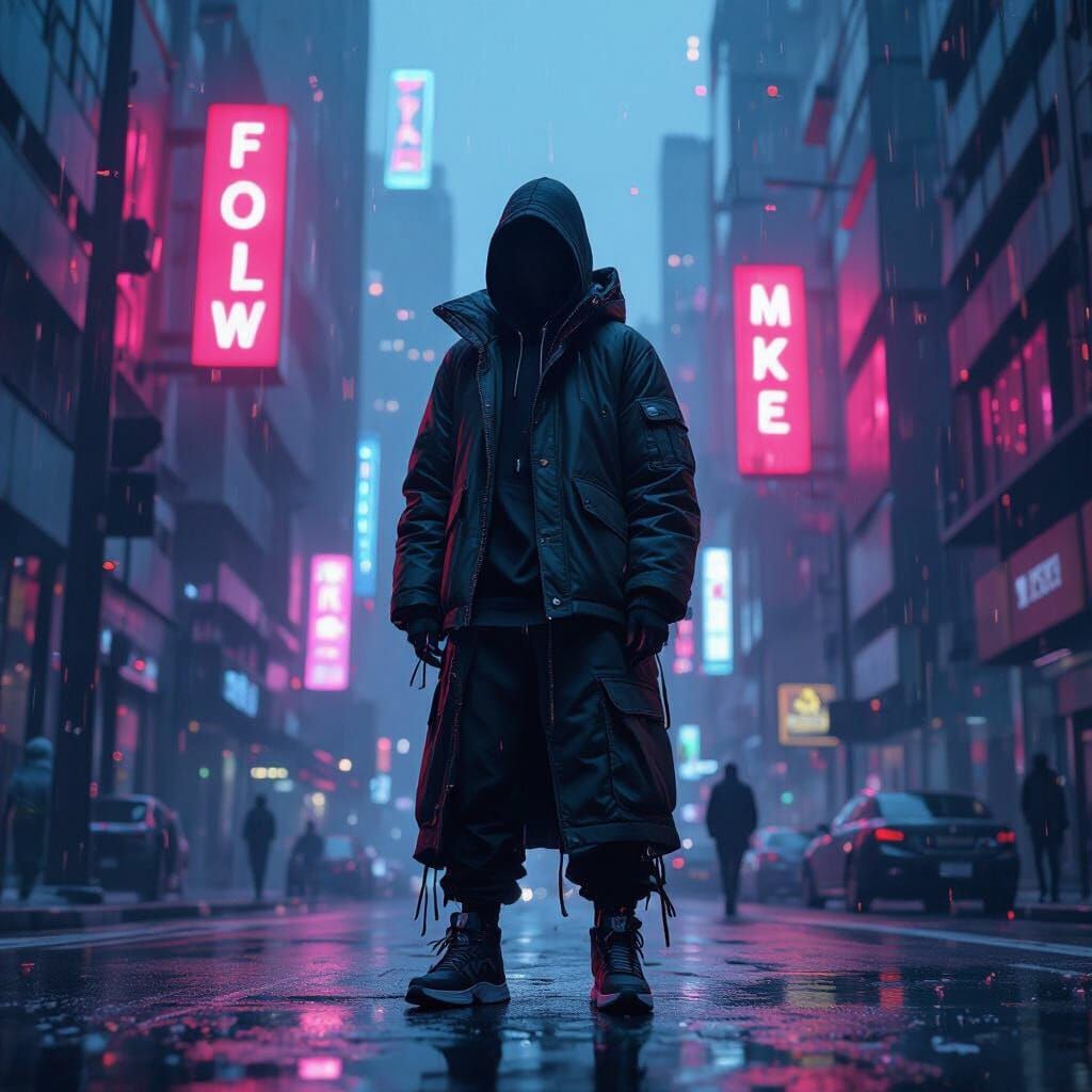 Trendy Person Defiant in Cyberpunk Cityscape