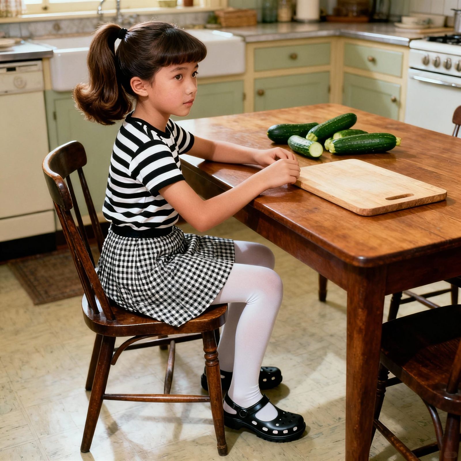 1950s Girl in Striped Shirt and Checked Skirt