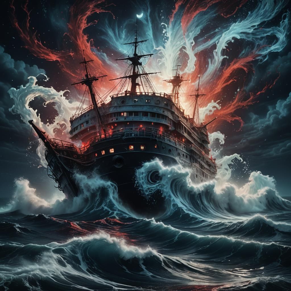 Ghost Ship Whirlpool with Cruel Creature: Surreal Oceanic Ar...
