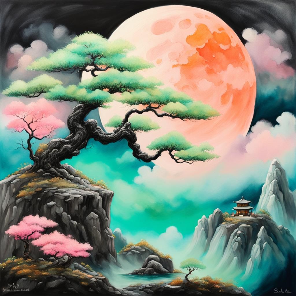 Bonsai Tree with Peach Moon: Cinematic Painting