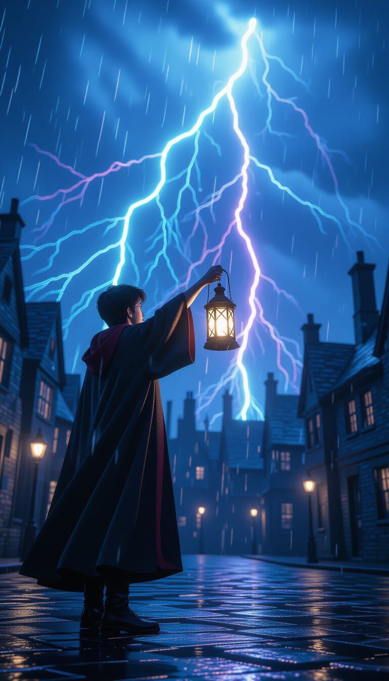 Harry Potter in Rain with Lantern, Cinematic Lighting