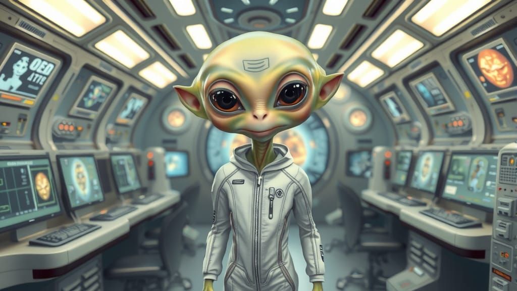 Friendly Four-Eyed Alien in Detailed Spaceship Control Room