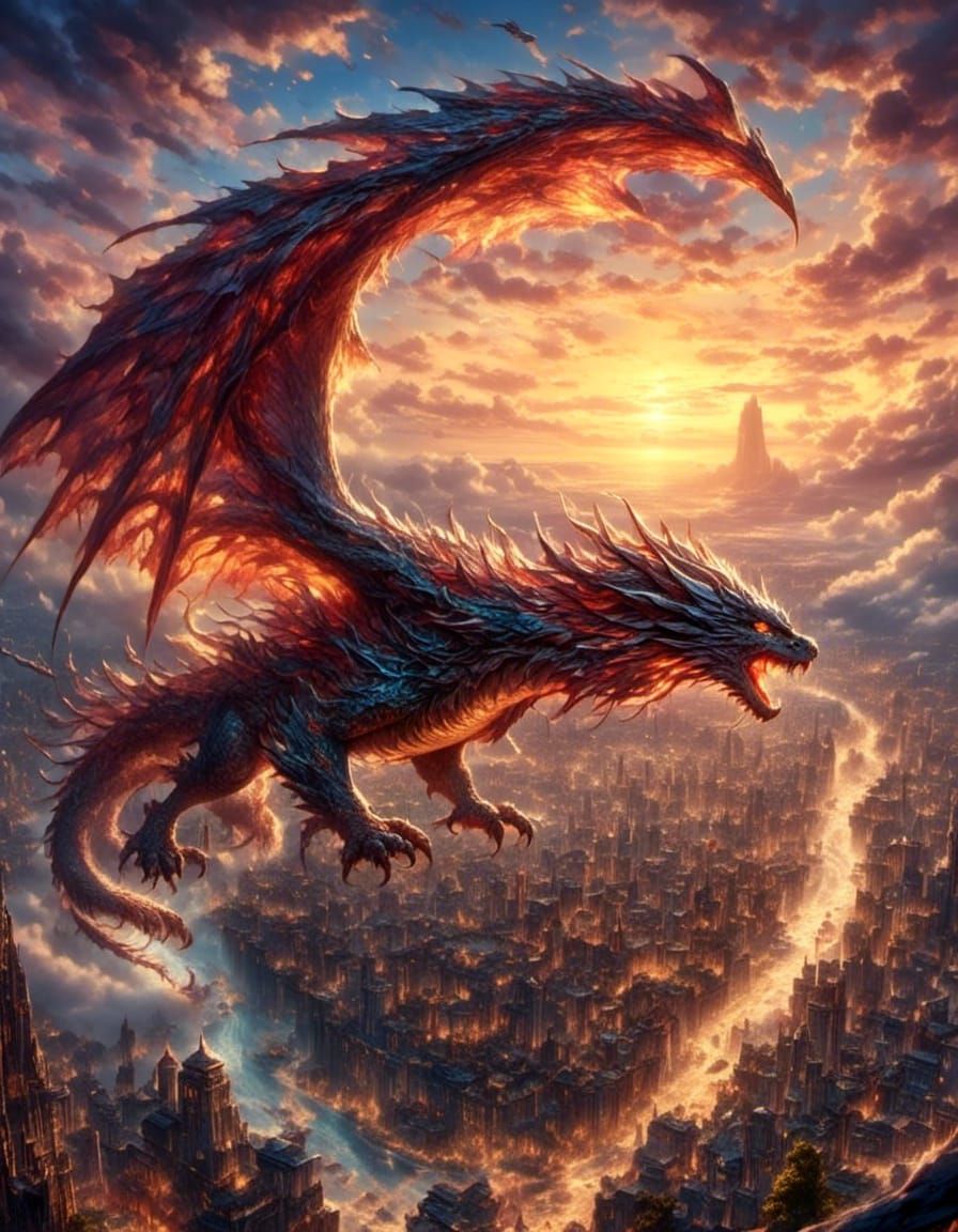 Mythical Dragon Flying Over City at Sunset