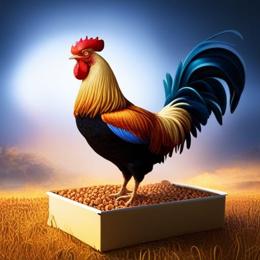Hyperrealistic Rooster on Cereal Box, Detailed Matte Paintin...