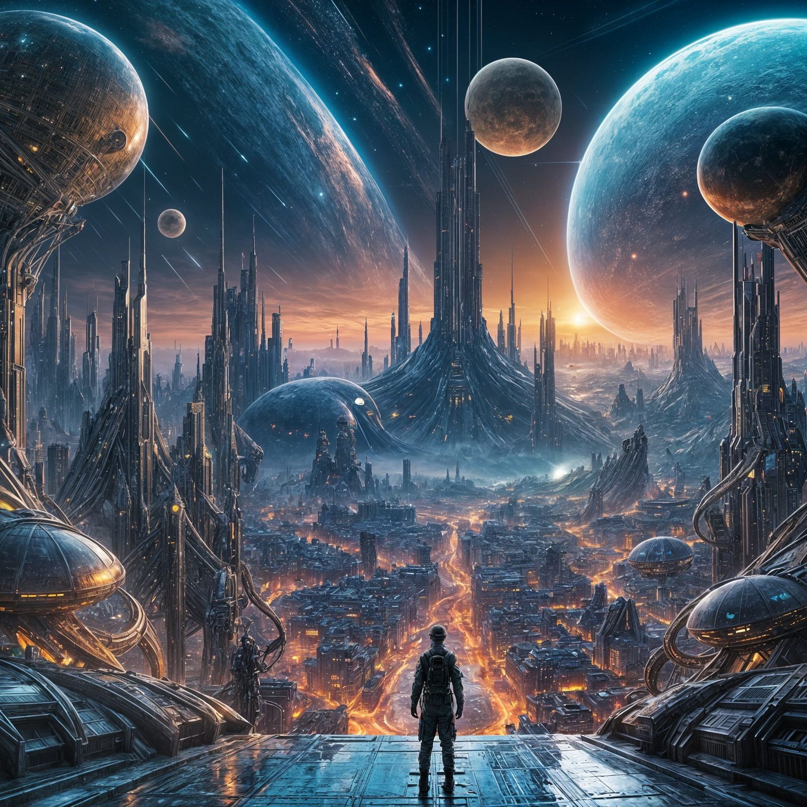 Soldier in Alien City Under Multiple Moons