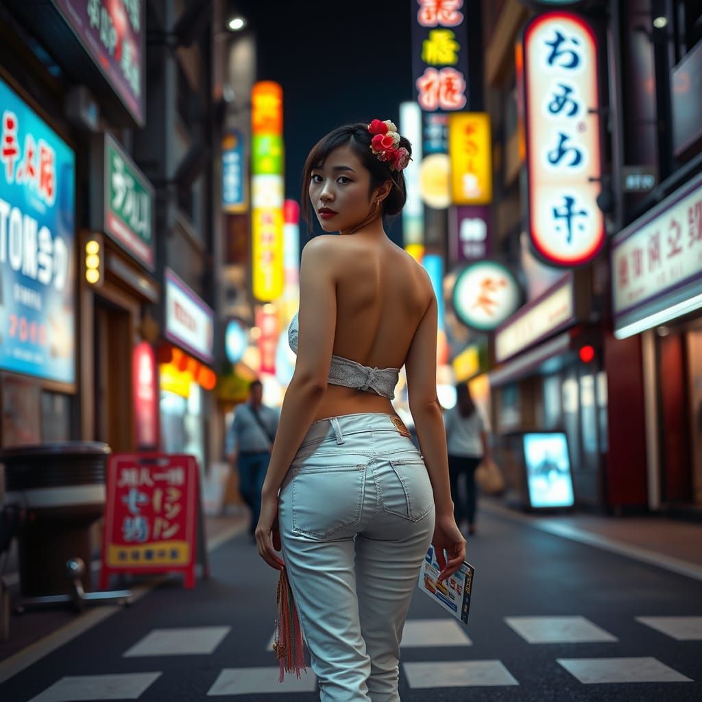 Geisha in Neon Tokyo Street, Modern Japanese Culture