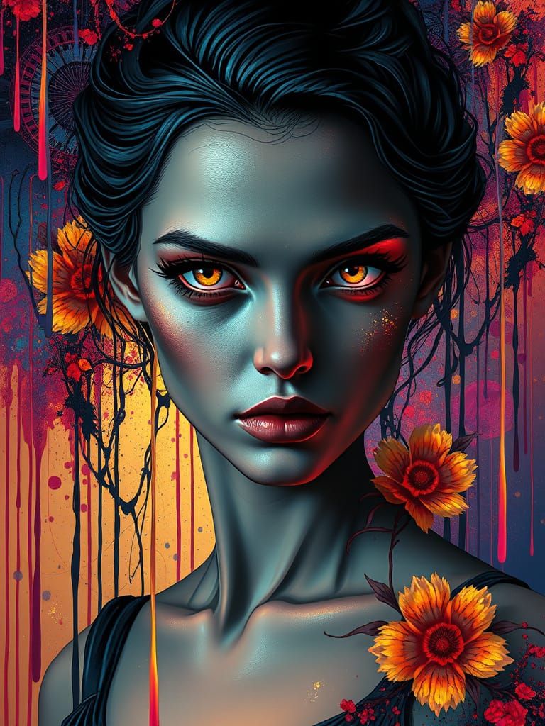 Mysterious woman with glowing eyes in graffiti style