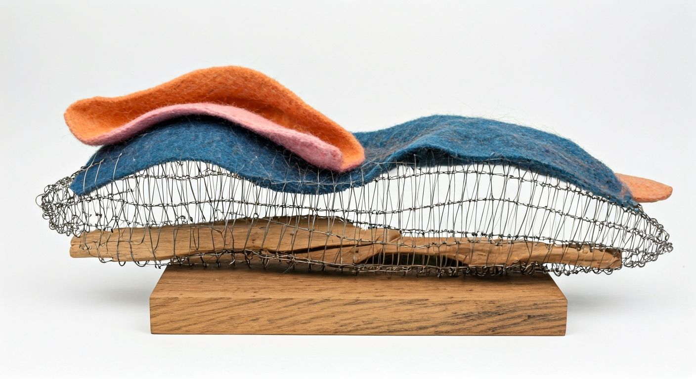 Abstract Mixed Media Sculpture of Wire, Clay and Wood