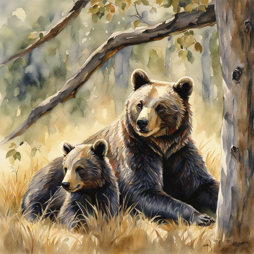Mother Bear and Cub Watercolor Painting