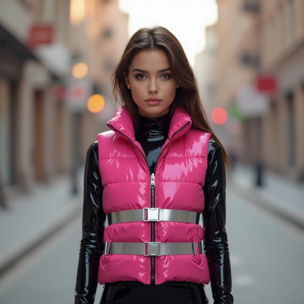 Pink Puffer Vest and Latex Suit in Cityscape
