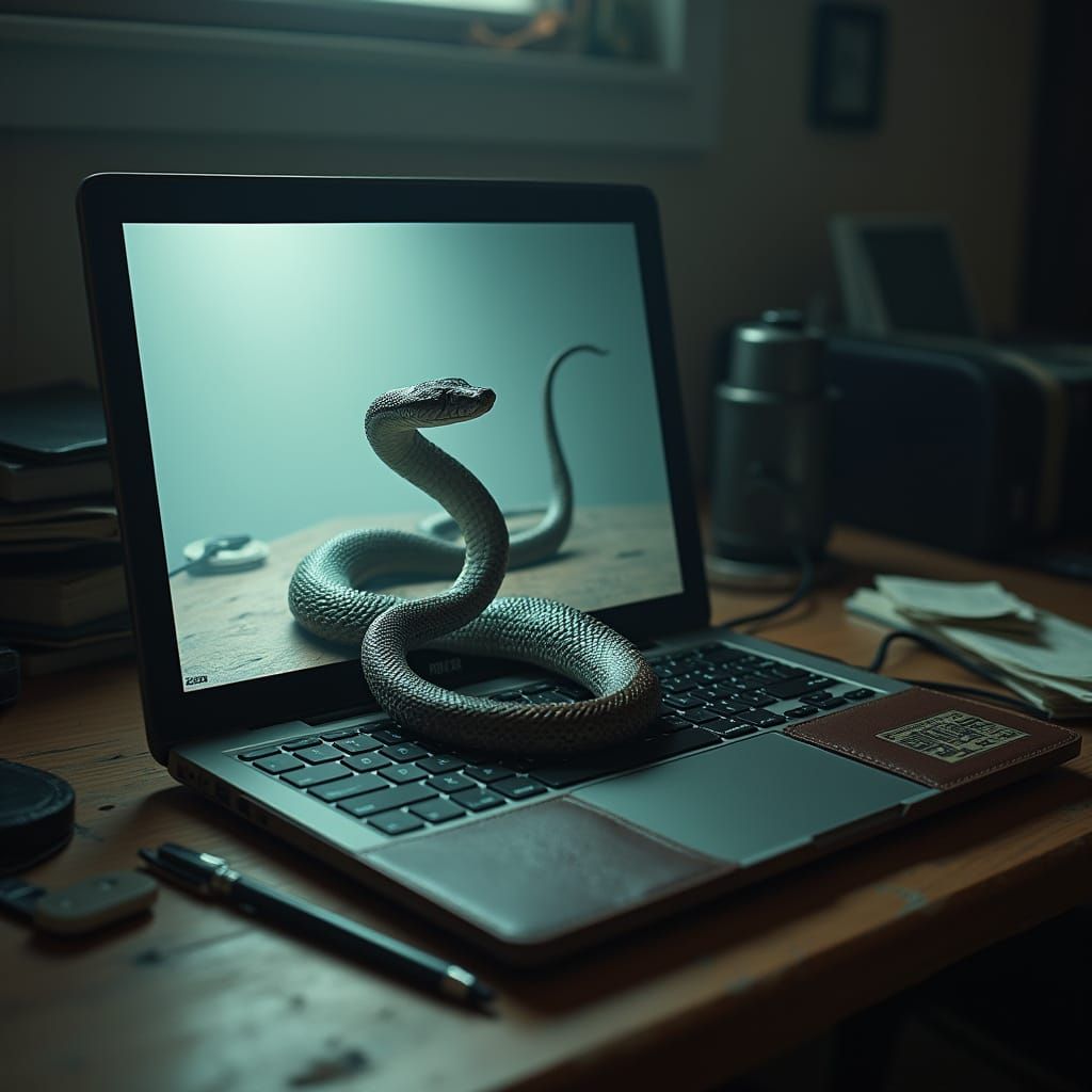 Menacing Snake Emerges from Laptop Screen