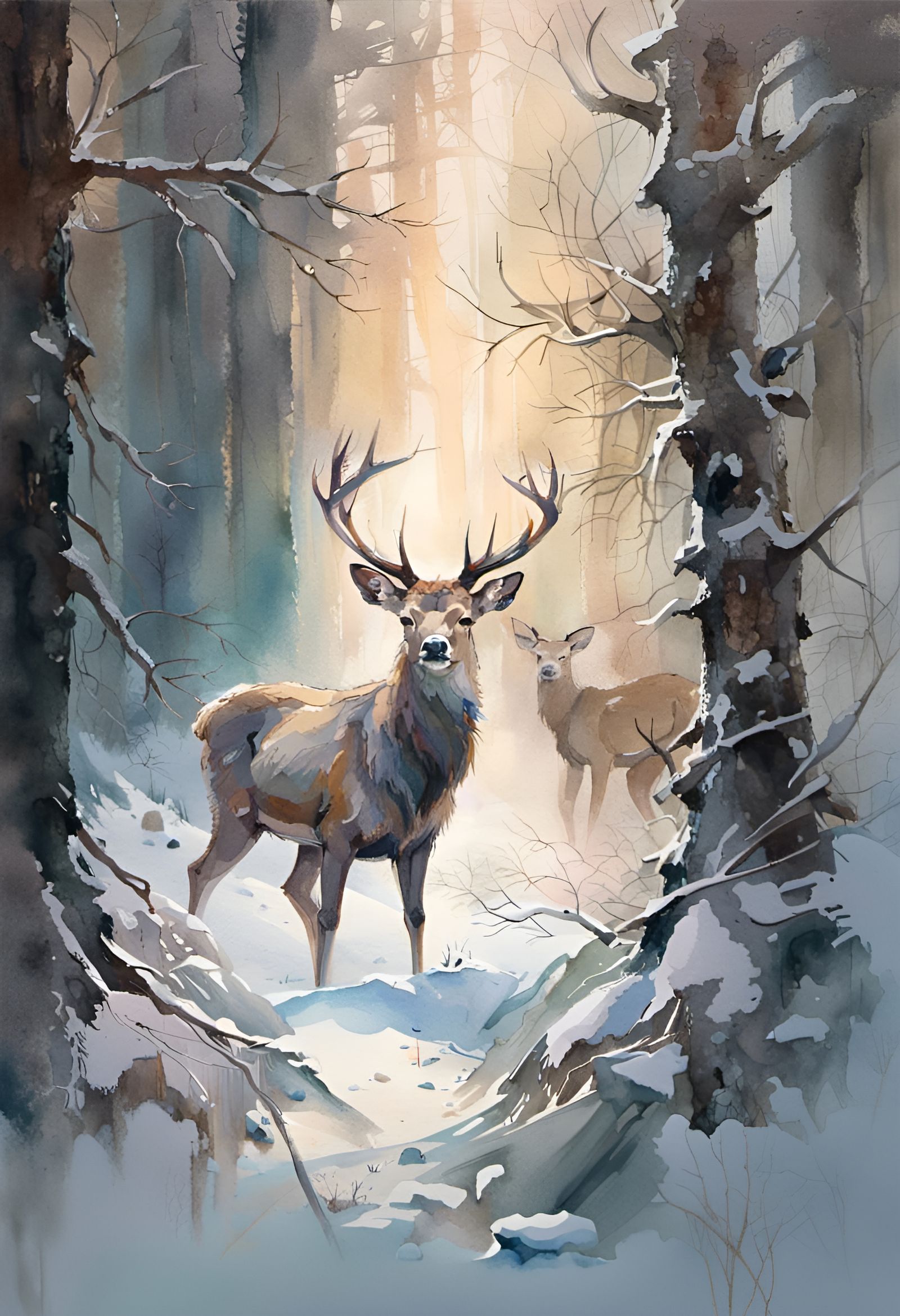 Winter Deer Portrait in Snow Forest, Watercolor Painting