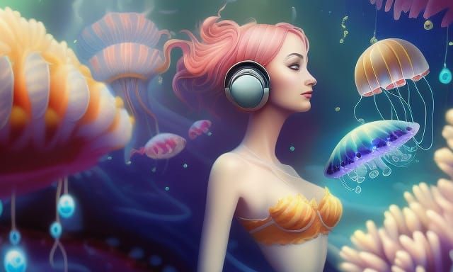 Cartoon Woman with Jellyfish in Digital Art Style