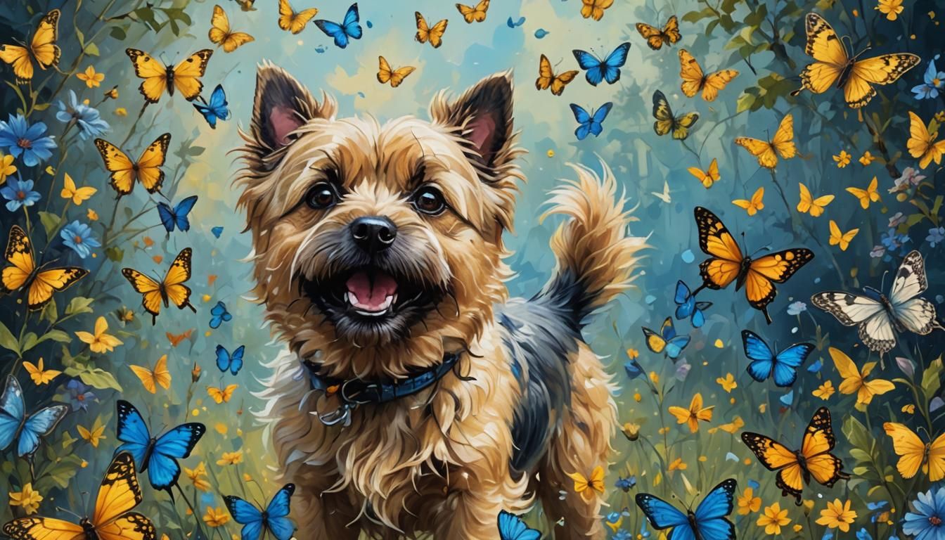 Joyful Cairn Terrier with Butterflies: Fantasy Art