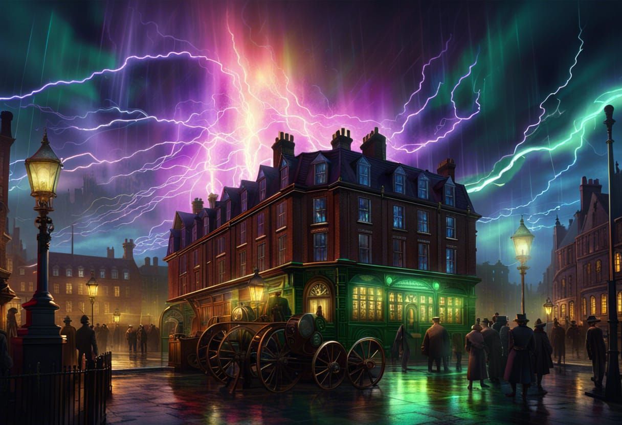 Steampunk London Aurora Electrical Storm: Dark Fantasy Art