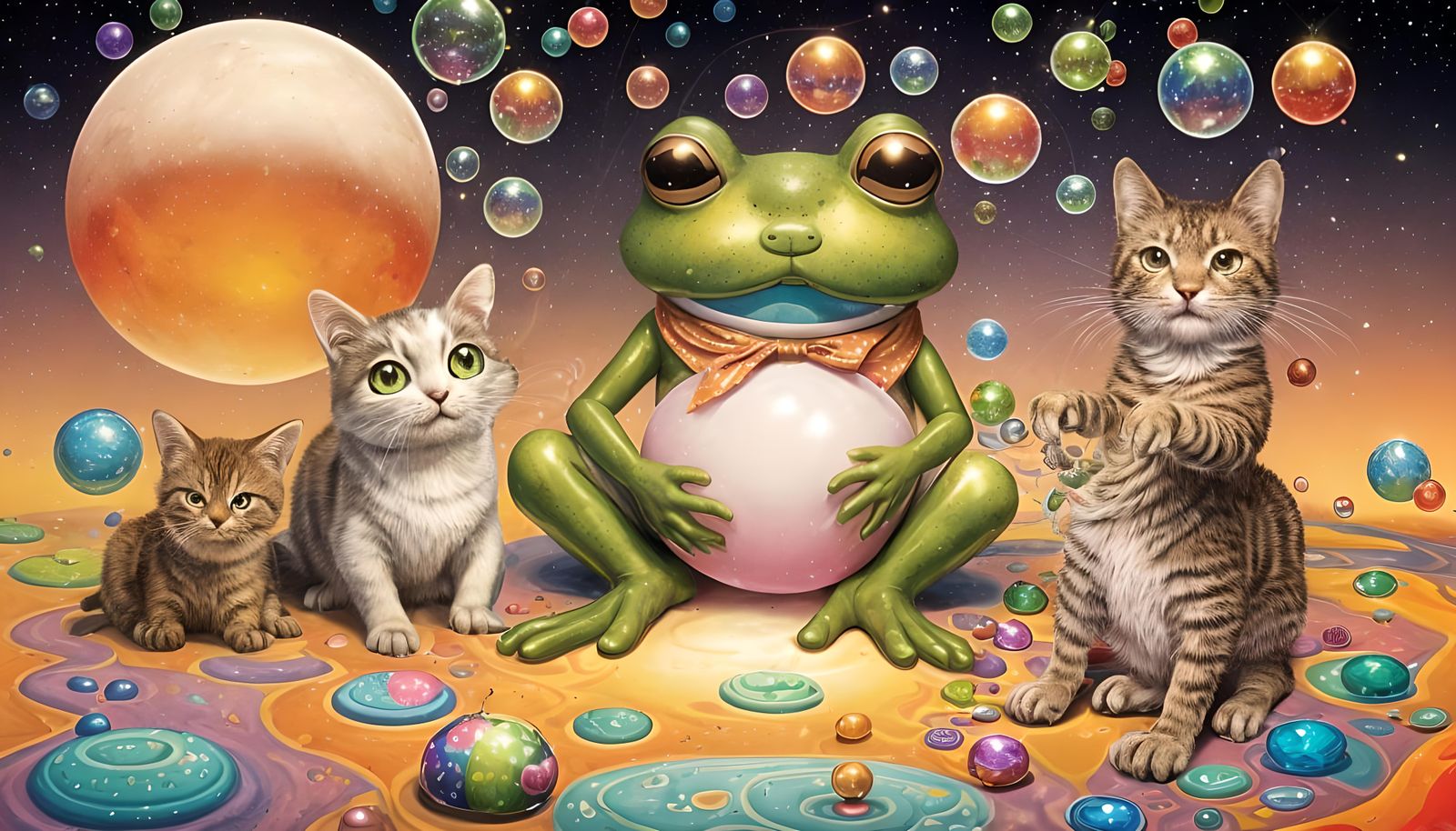 Psychedelic Frog in Savage Landscape with Cats