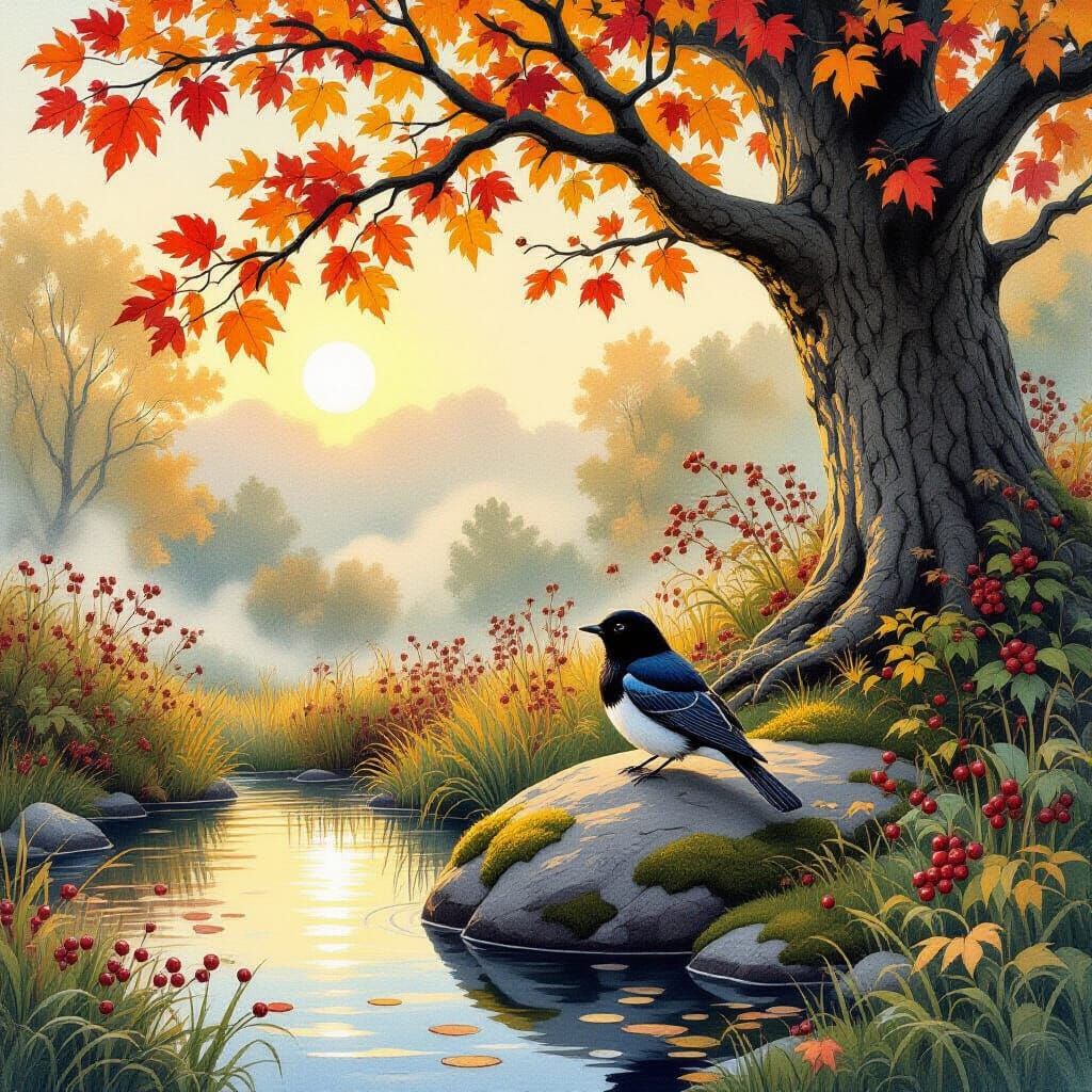 Blackbird in Autumn Woods by Glistening Pond