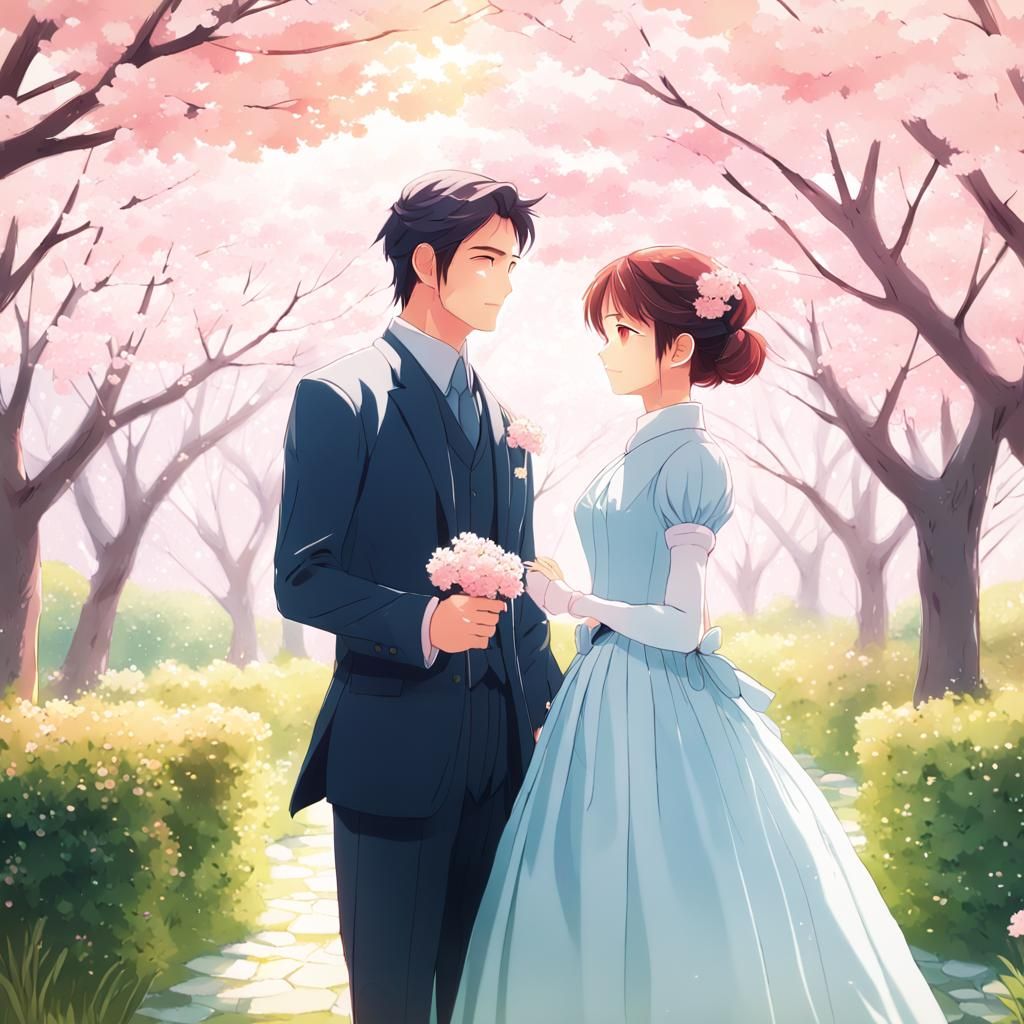 Surreal Anime Garden Scene with Cherry Blossoms
