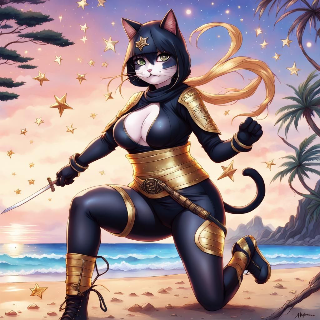 Cat-Girl Ninja Beach Picnic in Anime Style