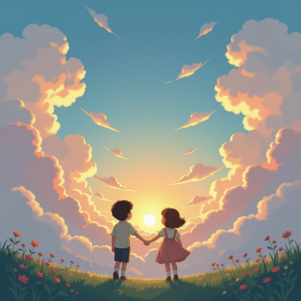 Children Ascend to Cloudscape in Whimsical Illustration
