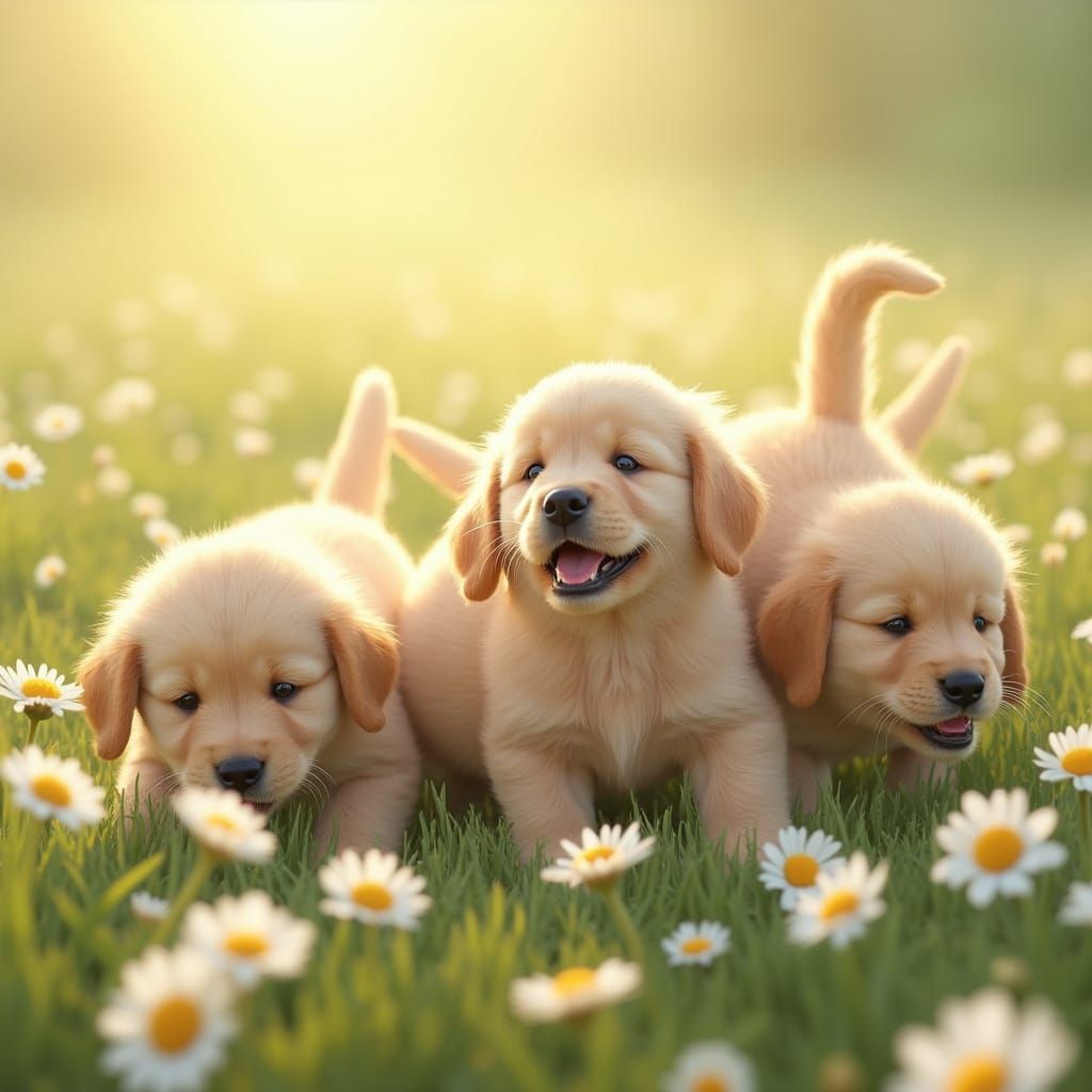 Golden Retriever Puppies Play in Pastel Daisy Field
