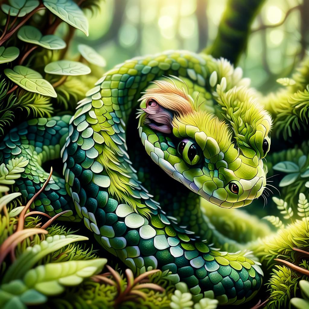 Adorable Baby Moss Snake in Lush Forest