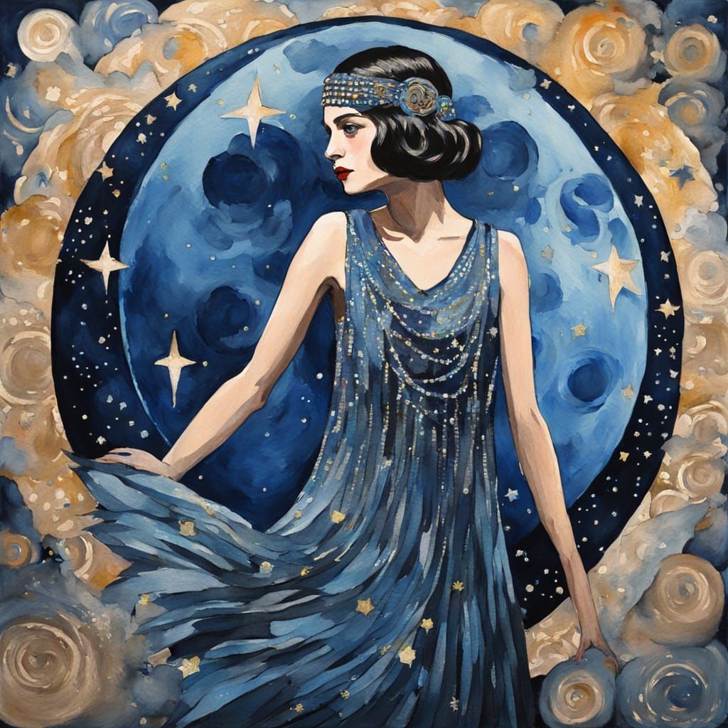 Flapper Girl and Moon in Gouache Watercolor Style