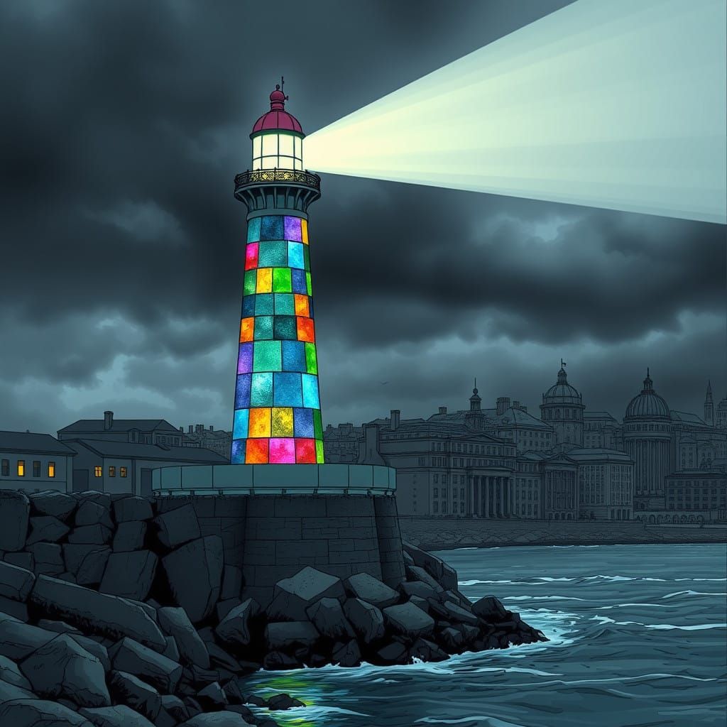 Cosmic Beacon Illuminates Dark Cityscape in Vibrant Colours